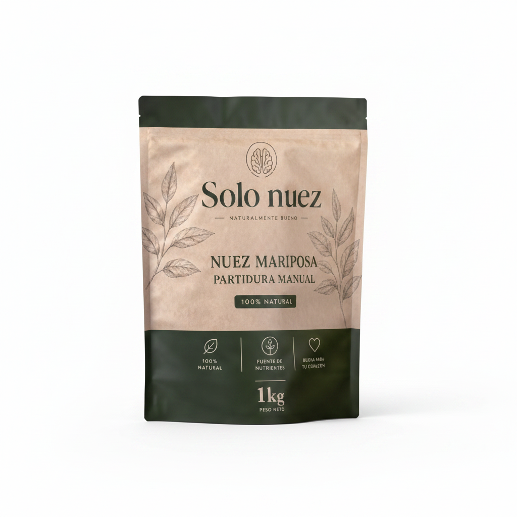 Envase doypack Solo Nuez de 1 kg con nuez mariposa premium, bolsa kraft verde y beige sin fondo.