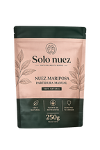Envase doypack Solo Nuez de 250 g con nuez mariposa premium, bolsa kraft verde y beige sin fondo.