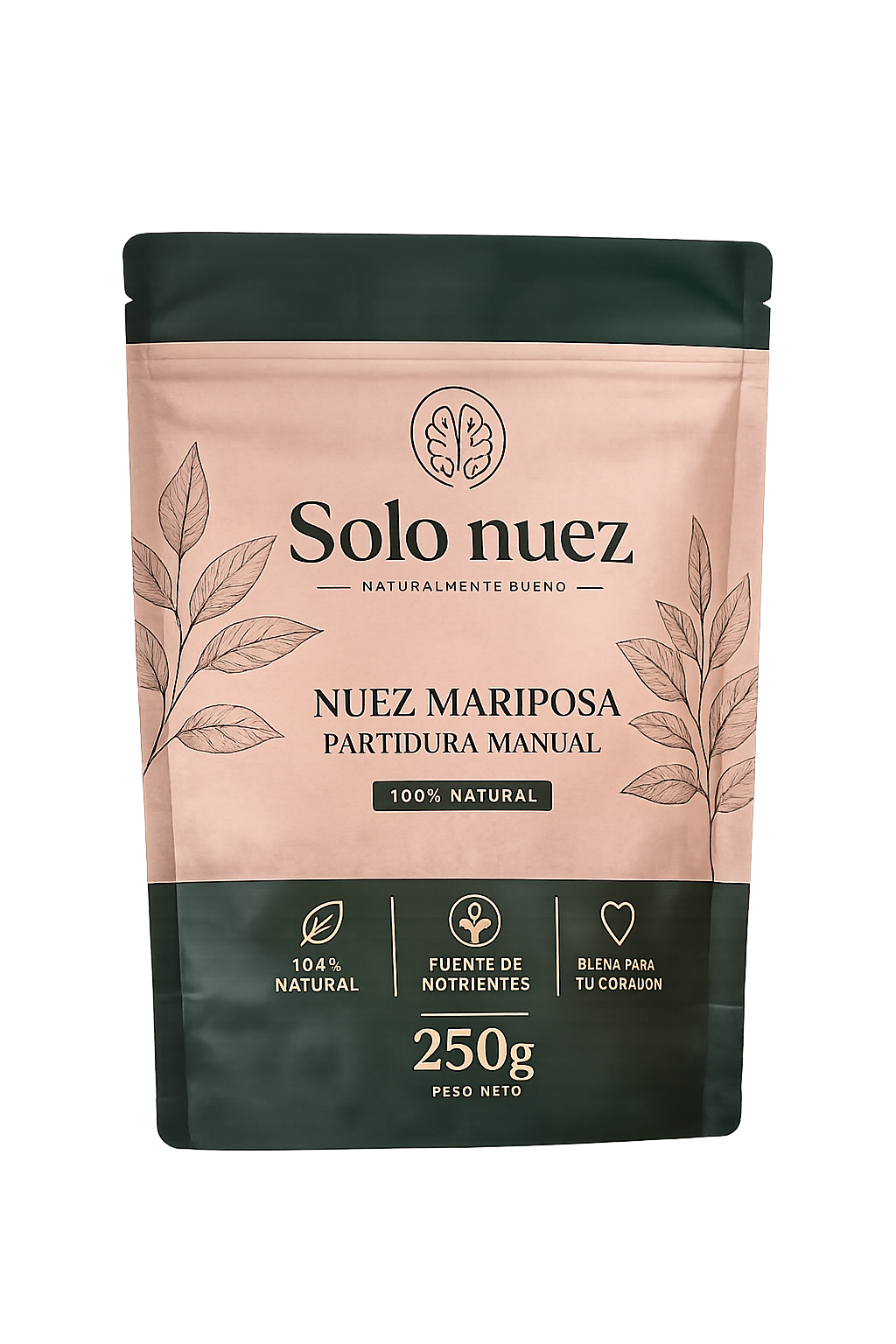 Envase doypack Solo Nuez de 250 g con nuez mariposa premium, bolsa kraft verde y beige sin fondo.