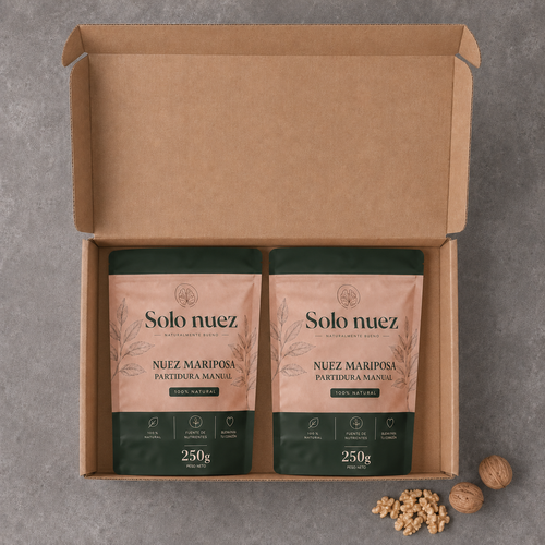 Pack de dos bolsas de 250 gr de Nuez Mariposa, caja de carton, 100% natural, cosecha 2026. Calidad esxcelente. Solo Nuez.